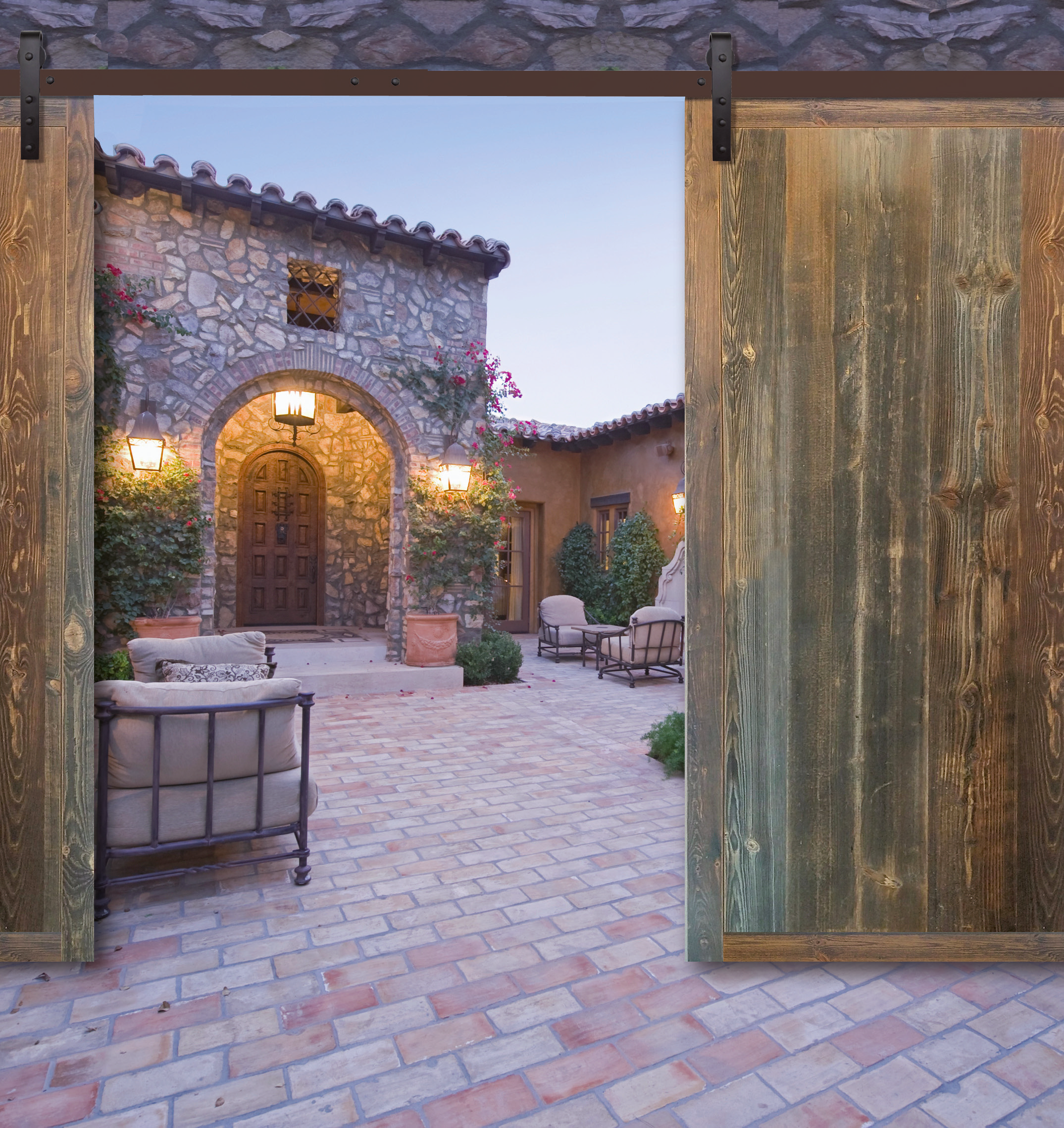 Vintage barn door hardware Casa installed on barn door outside