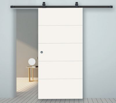 Vintage barn door hardware Casa in blck with top mounted trolley installed on wooden door