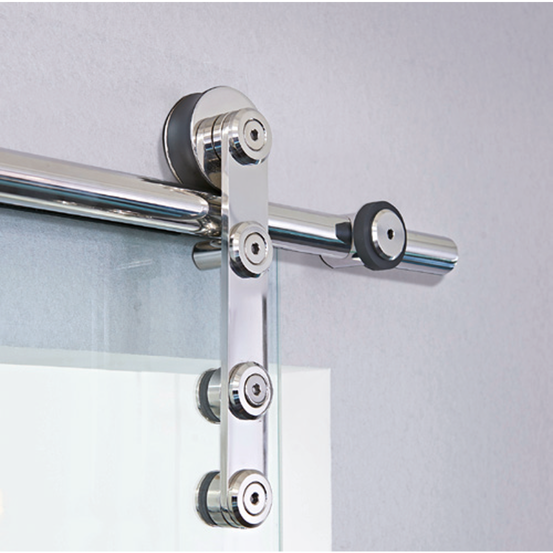 Sliding door hardware flatec IV in polished stainless steel for glass doors