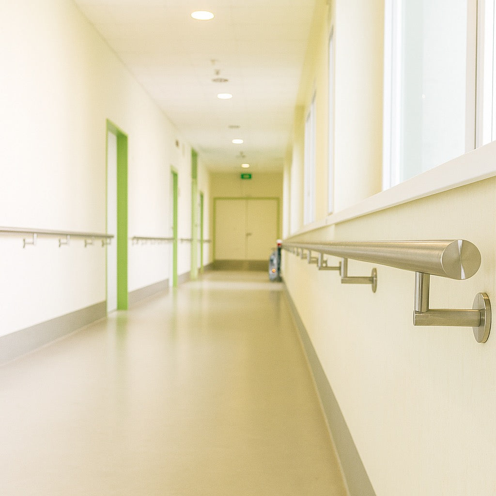 Hand rail support in stainless steel used in a hospital 