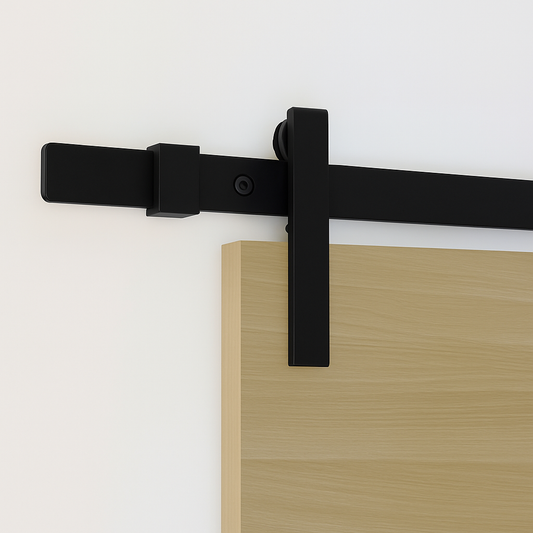 Sliding door hardware Runway in black installed on interior wooden door