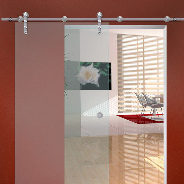 Barn door hardware Flatec IV in stainless steel installed on sliding glass door