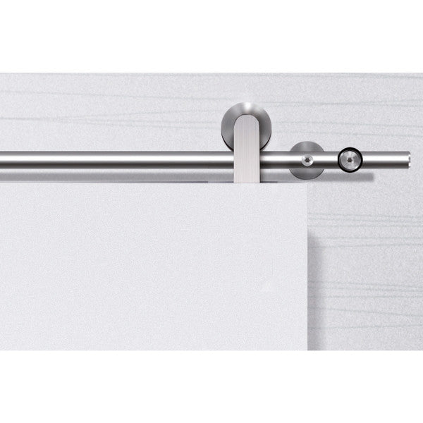 Pandora barn door hardware trolley in black installed on wooden door