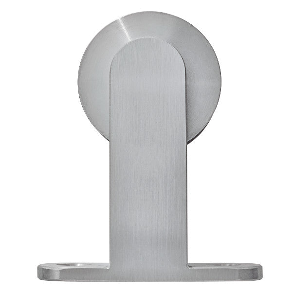 Pandora barn door hardware trolley in polished stainless steel for mounting on wooden doors