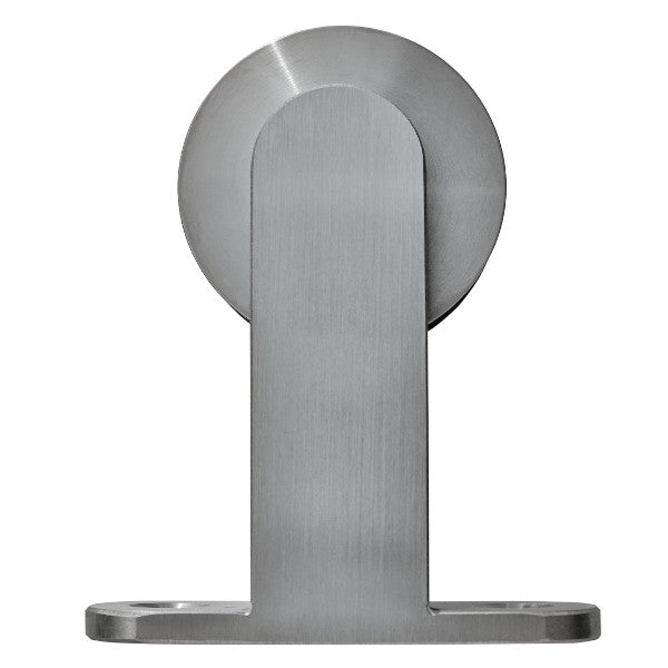 Pandora barn door hardware trolley in satin stainless steel for mounting on wooden doors