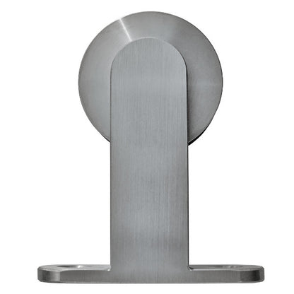 Pandora barn door hardware trolley in satin stainless steel for mounting on wooden doors