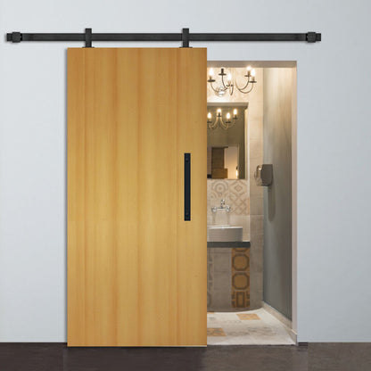 Sliding door hardware Runway in black installed on wooden door with pull handle