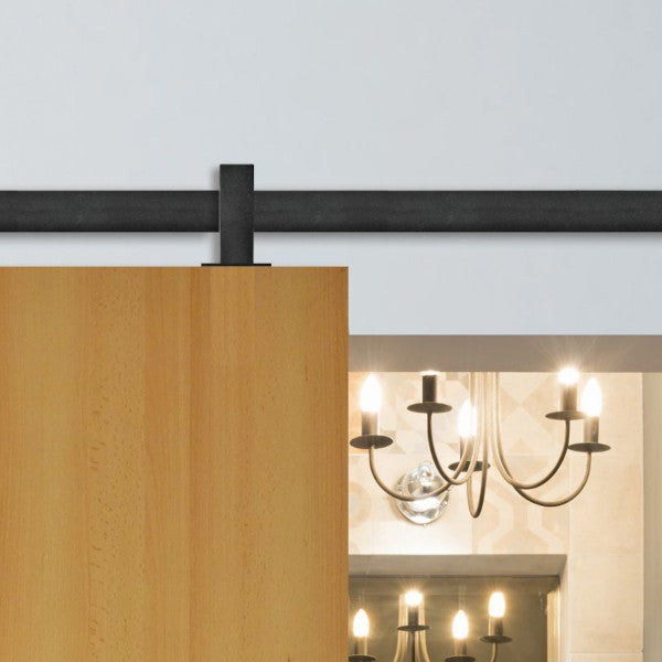 Sliding door hardware Runway in black installed on wooden sliding door