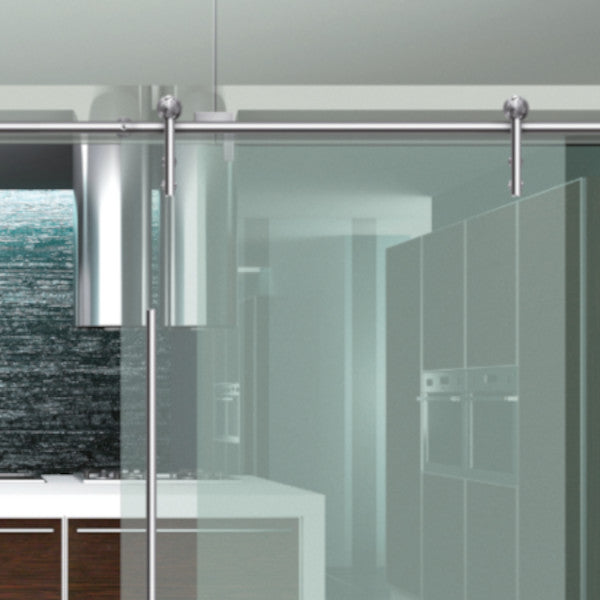 Barn door hardware Unotec installed on glass sliding door